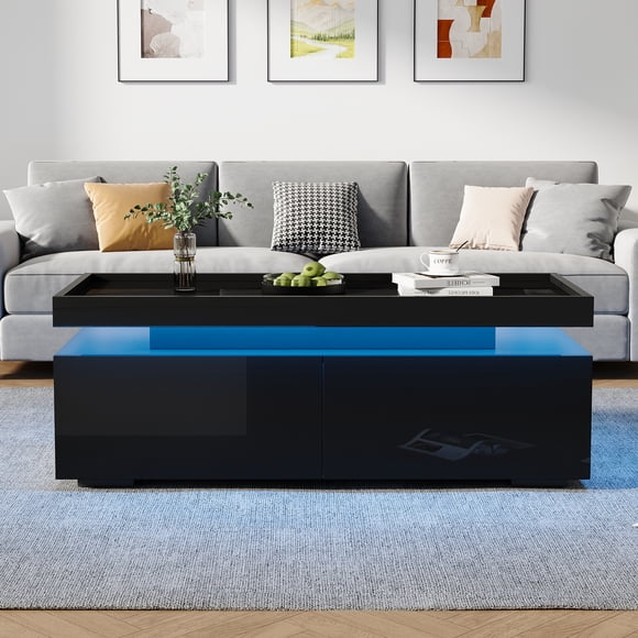 High-gloss Coffee Table with 2 drawers, LED lights, Modern Centre Table, Sofa Side Table, Tea Table for Living Room, Office, 37.4 x 17.7 x 13.7 inches, black