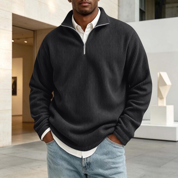 Domuza Mens Corduroy Quarter Zip Pullover Sweatshirt, Mock Stand Collar Long‑Sleeve Solid‑Color Sweater, Fall Winter Soft Warm Thermal Polo Top