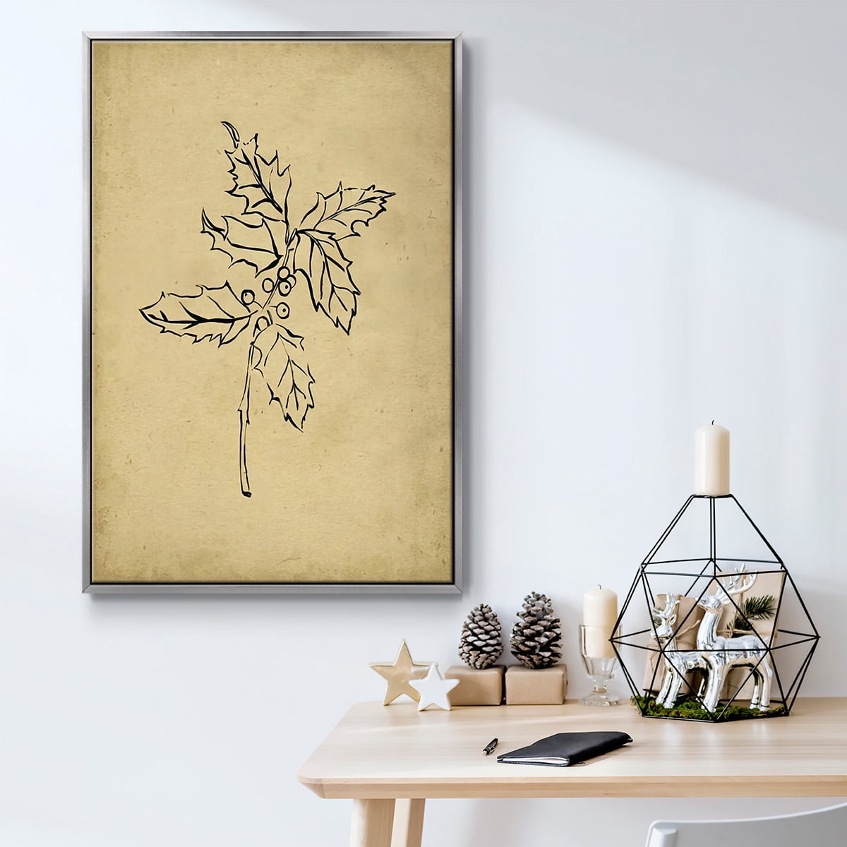 Holly Branch I - Framed Gallery Wrapped Holiday Canvas - 25 x 37 - Silver Frame