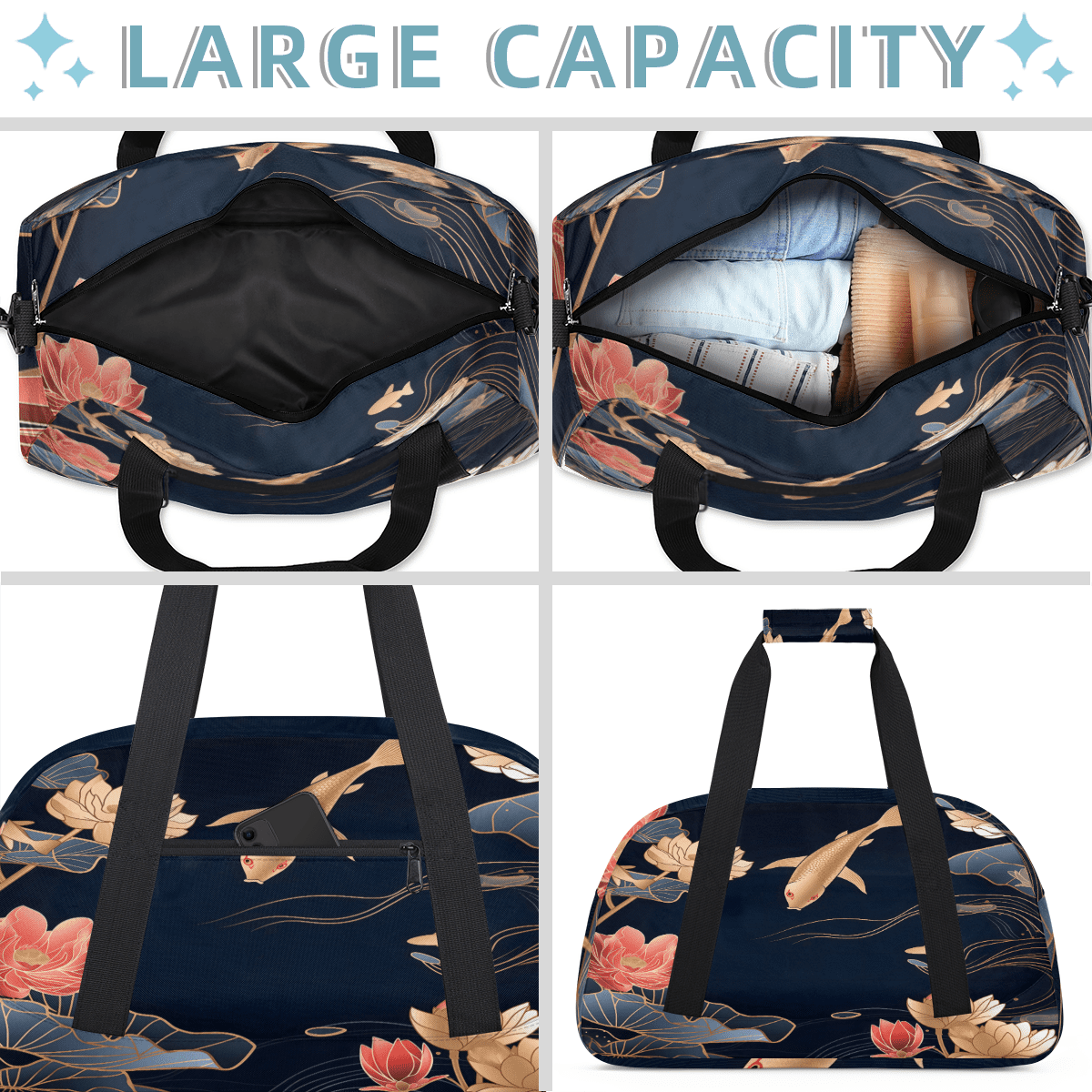 Herdesigns Sports Duffle Bags Travel Duffle Bag Gym Bag Floral Japanese Chinese Fish Weekender Travel Bag Waterproof Overnight Bag Carry On Travel Tote Bag Dance Bags