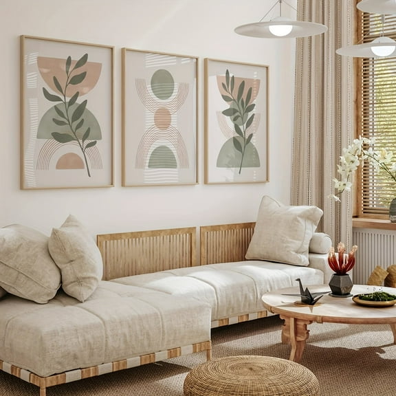 Set of 3 Boho Chic Canvas Prints in Sage Green & Blush Pink - Mid-Century Modern Botanical Posters for Living Room & Bedroom