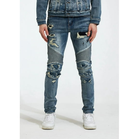 Crysp Denim Men's Biker Moto Distressed Rip & Repair Skinny Fit Stretch Jeans (30, Blue Wash)