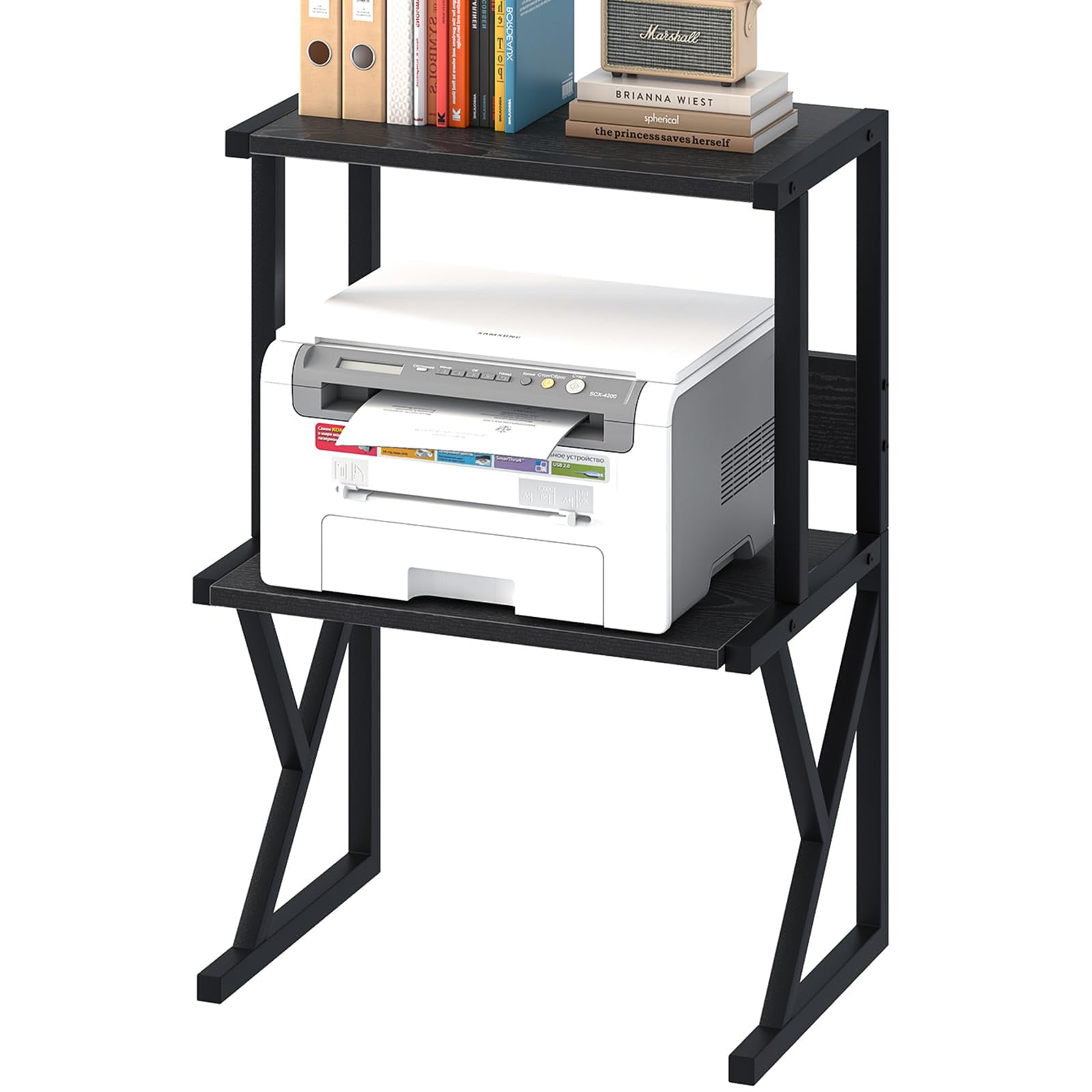 Desktop Printer Stand with 3 Tier Wood Storage Shelves,Under Desk Printer Table,Multi-Purpose Home Office Desk Organizer for Fax Machine, Scanner (Black)