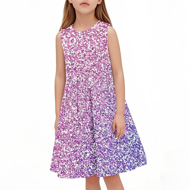 Tranfacy Robes d'Été pour Ados Enfants Sans Manches à Imprimé de Paillettes Col Rond Taille Cintrée Robe d'Été pour Enfants de Taille Moyenne