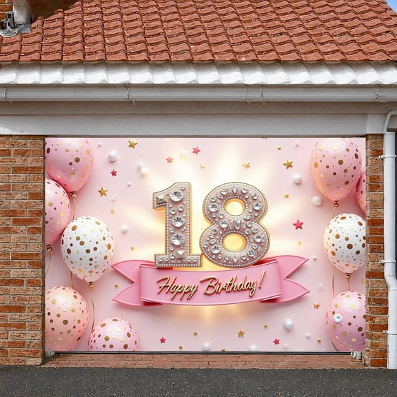 Pink Theme 18th Birthday Banner Decorated Happy Birthday Display Polka Dot Balloons Gold Stars Sweet 18 Backdrop for 18th Birthday Party Girls' Birthday Indoor Celebration