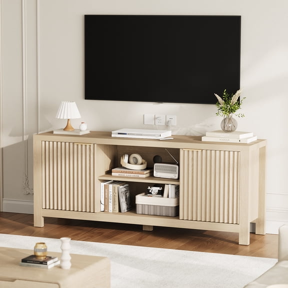 BouPower 59" Fluted TV Stand for TVs Up to 65 Inches, Mid Century Modern Media Console with Storage Cabinets & Open Shelves, Wood Entertainment Center for Living Room, Oak