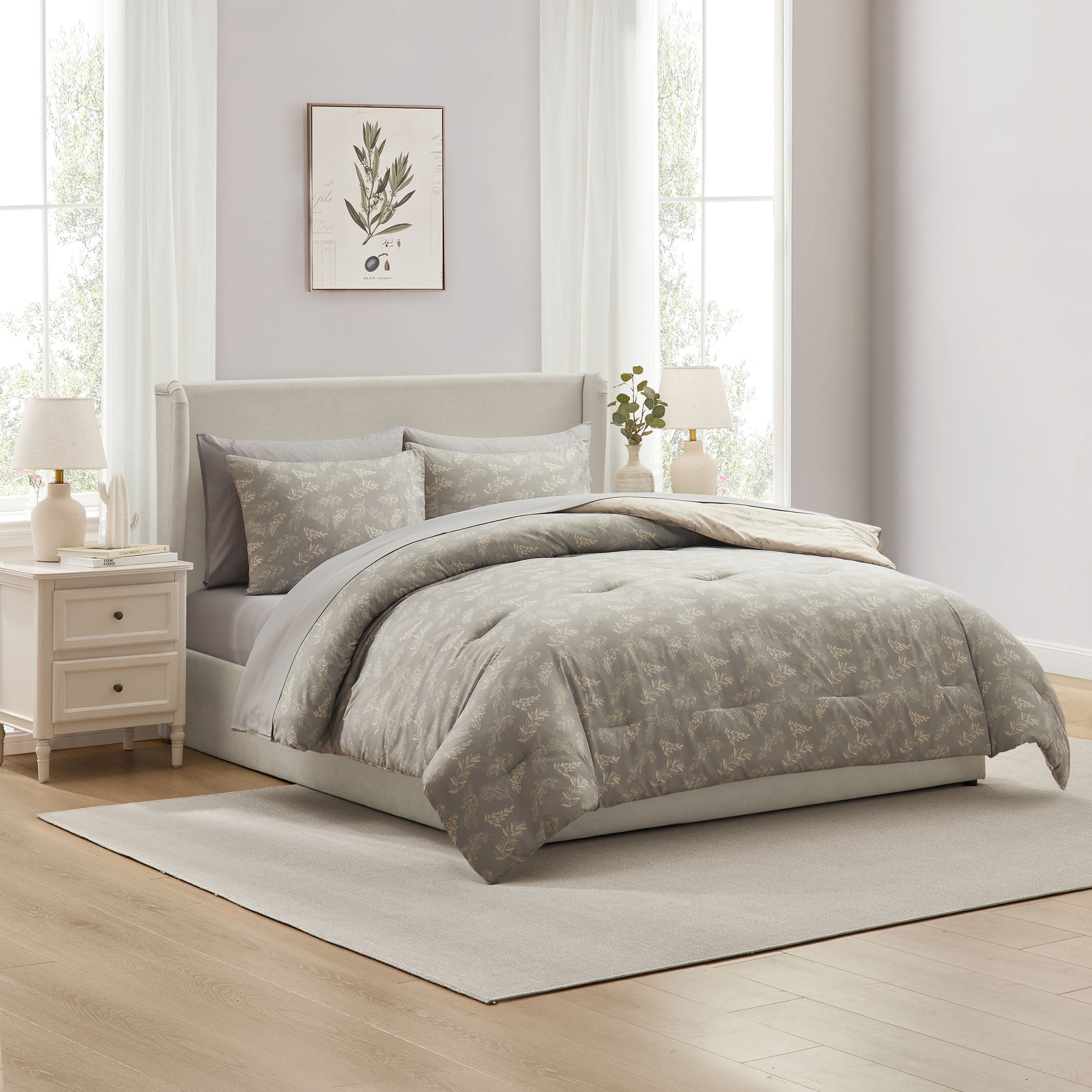 LammaLoe Twin Comforter Sets, 5 Piece Botanical Bed in a Bag, Reversible Bedding Comforter Set with Sheets, Modern Bed Set, Lunar Grey/Pale Champagne