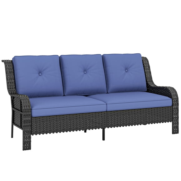 Outsunny 3 Seater Outdoor Sofa with Cushions Rattan Patio Couch Deep Blue