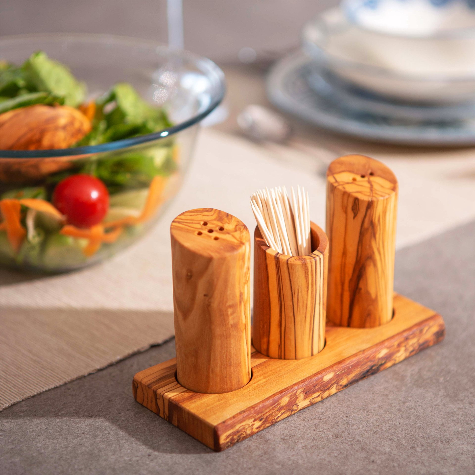 Olive Wood Set, Salt & Pepper Shaker with Toothpick Holder