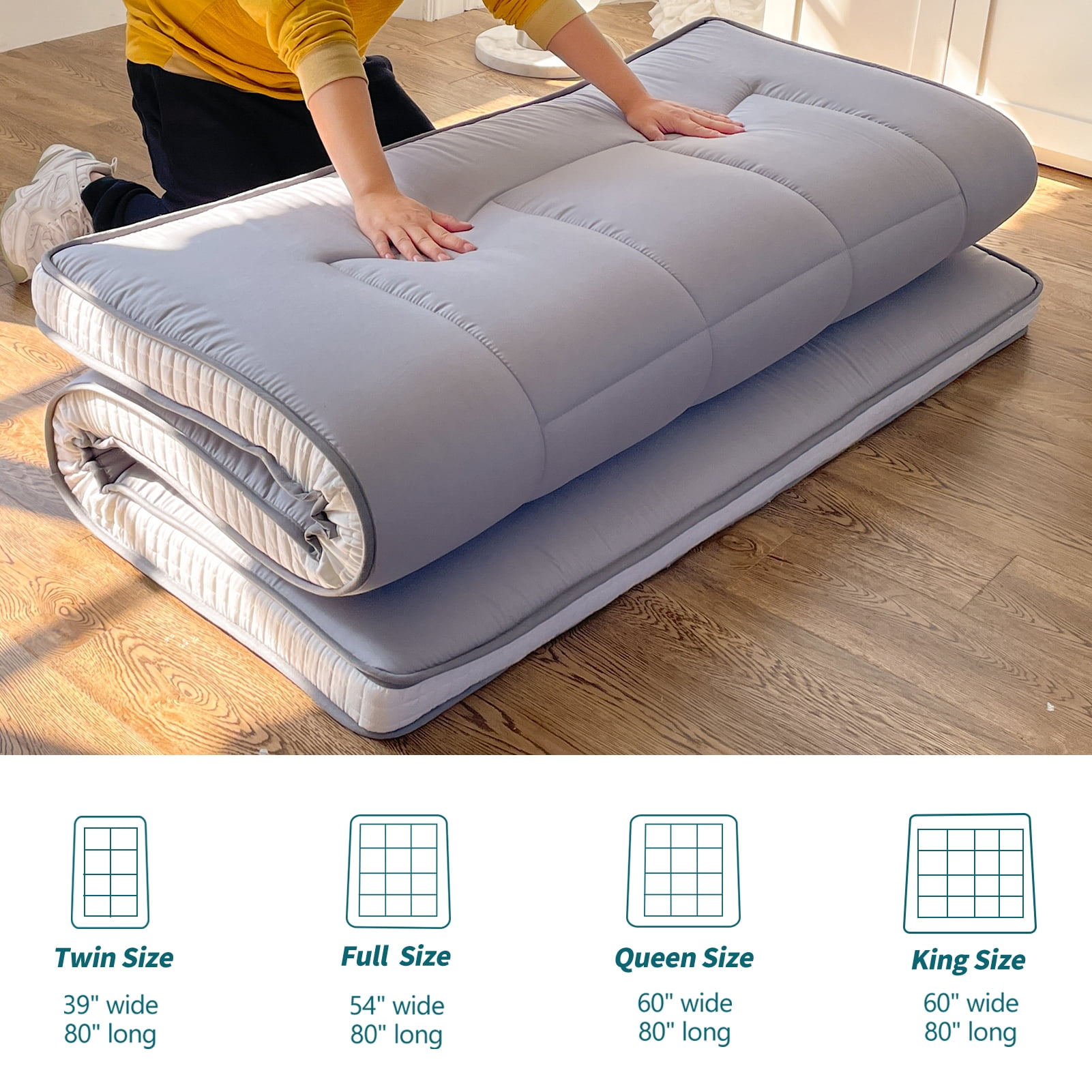 Futon Mattress, Padded Japanese Floor Mattress Quilted Bed Mattress Topper, Extra Thick Folding Sleeping Pad, Full Size