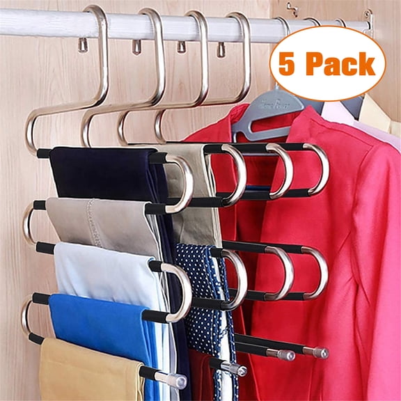 Space Saving 5 Tier Pant Hangers,Anti-Slip & Stainless Steel,Multiple S-Shaped Closet Storage Organizer Hanger for Pants Jeans Scarf Towels Leggings,5Pack,Black