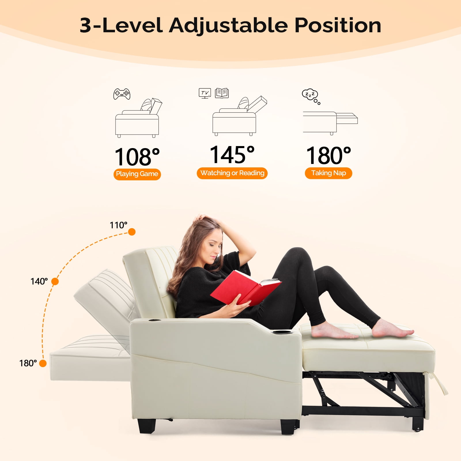 Ktaxon Faux Leather Loveseat Sofa Bed with Side Pockets, Adjustable Backrest Lounge for Living Room, Game Room Beige