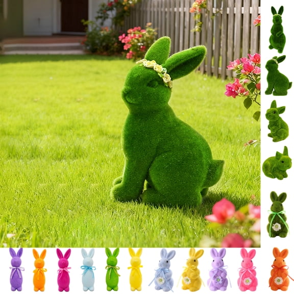Easter Bunny Decoration Easter Flocked Bunny With Home Decor Green Tabletop Ornament for Spring Home Office Table Decor, Party Supplies,01-Green A_7.28"x5.12"