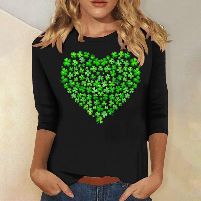 Meichang Hauts à Manches 3/4 pour Femmes T-Shirts de la Saint-Patrick Trèfle Chanceux T-Shirts Graphiques Col Rond Chanceux Irlandais Tops Printemps Liquidation