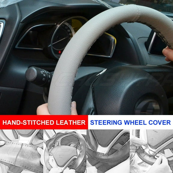15"/38cm Genuine Leather Car Steering Wheel Cover Anti-slip Fit for Dia Grey DIY