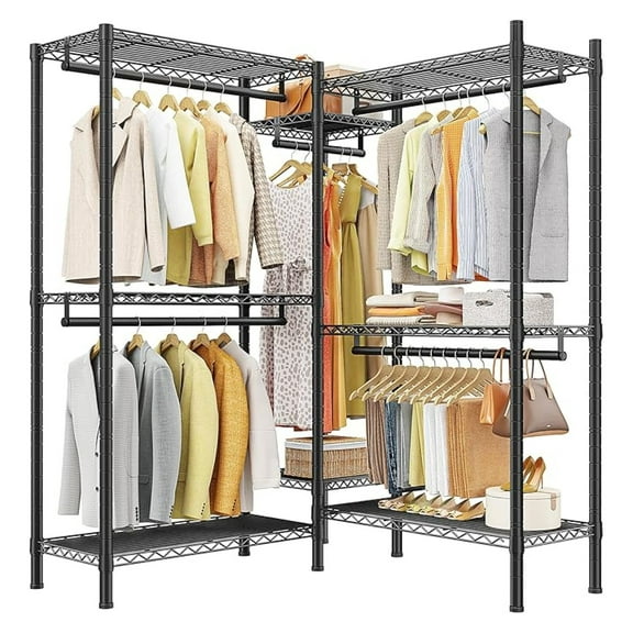 L Shaped Clothes Rack for Corner, Clothing Racks for Hanging Clothes, 900LBS Heavy Duty Clothes Rack Garment Rack 74.5" W X 18" D X 77" H, Black