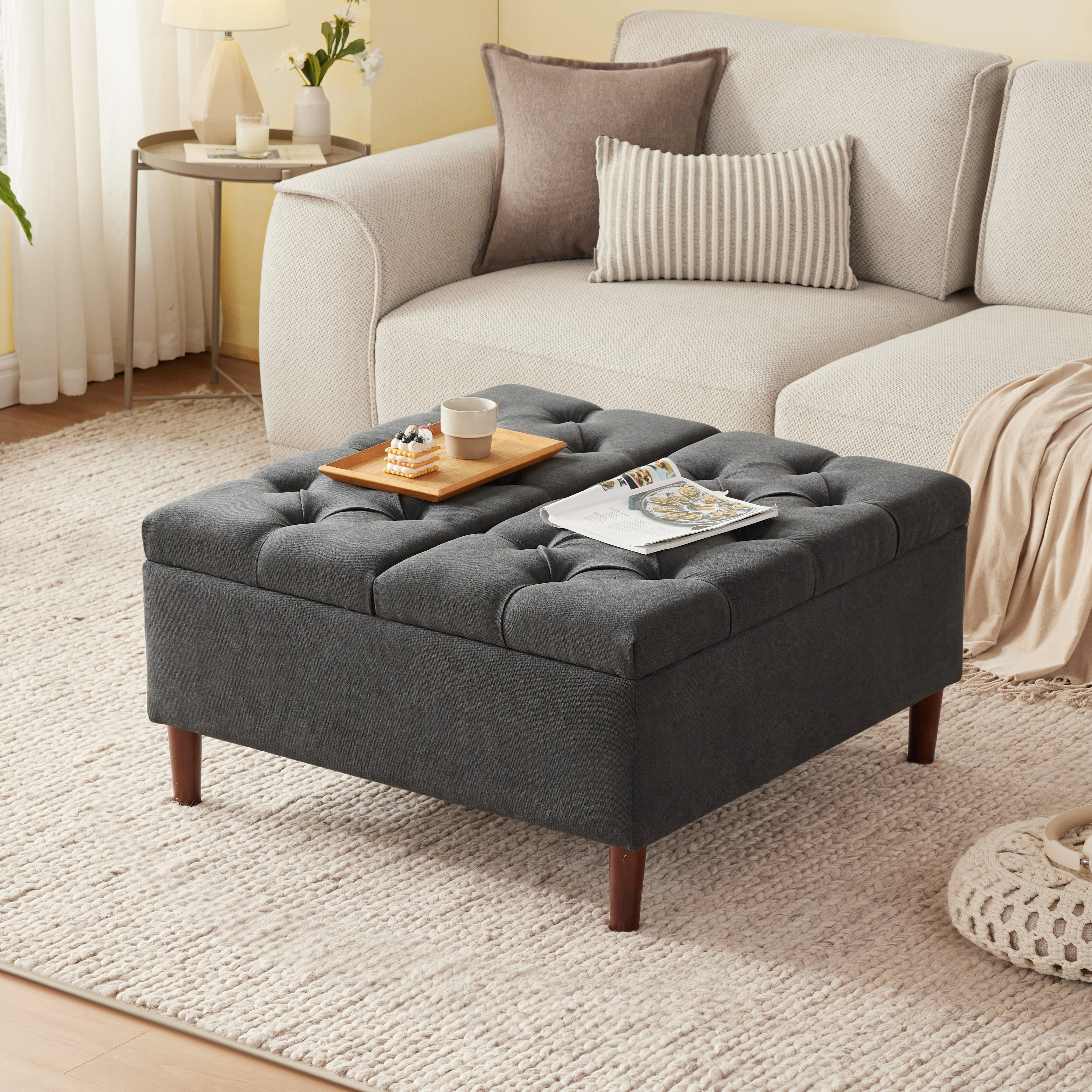 Weture Tufted Modern Ottomans, Fabric Dark Gray, 34.60 x 34.60 x 17.70 in, 54.45 lb