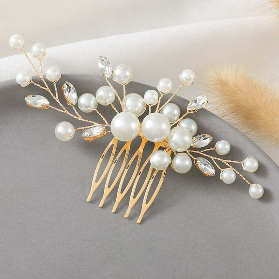 Nvzi-c Bridal Flower Wedding Hair Pins Crystal Pearl Hair Combs Clips Headpiece Gold Wedding Hair Accessories Jewelry with Rhinestone for Brides Bridesmaids Women (Gold)