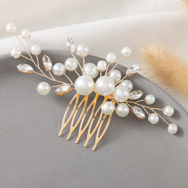 Nvzi Horquillas para el pelo de boda con flores para novias, peinetas con perlas de cristal, pinzas para el pelo, tocado, accesorios para el pelo de boda dorados, joyas - doradas