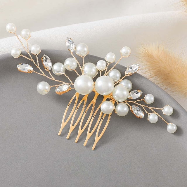 Nvzi Horquillas para el pelo de boda con flores para novias, peinetas con perlas de cristal, pinzas para el pelo, tocado, accesorios para el pelo de boda dorados, joyas - doradas