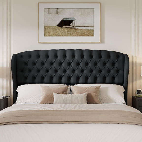 Merluxy Full Queen Headboard Black Velvet Wingback Button Tufted