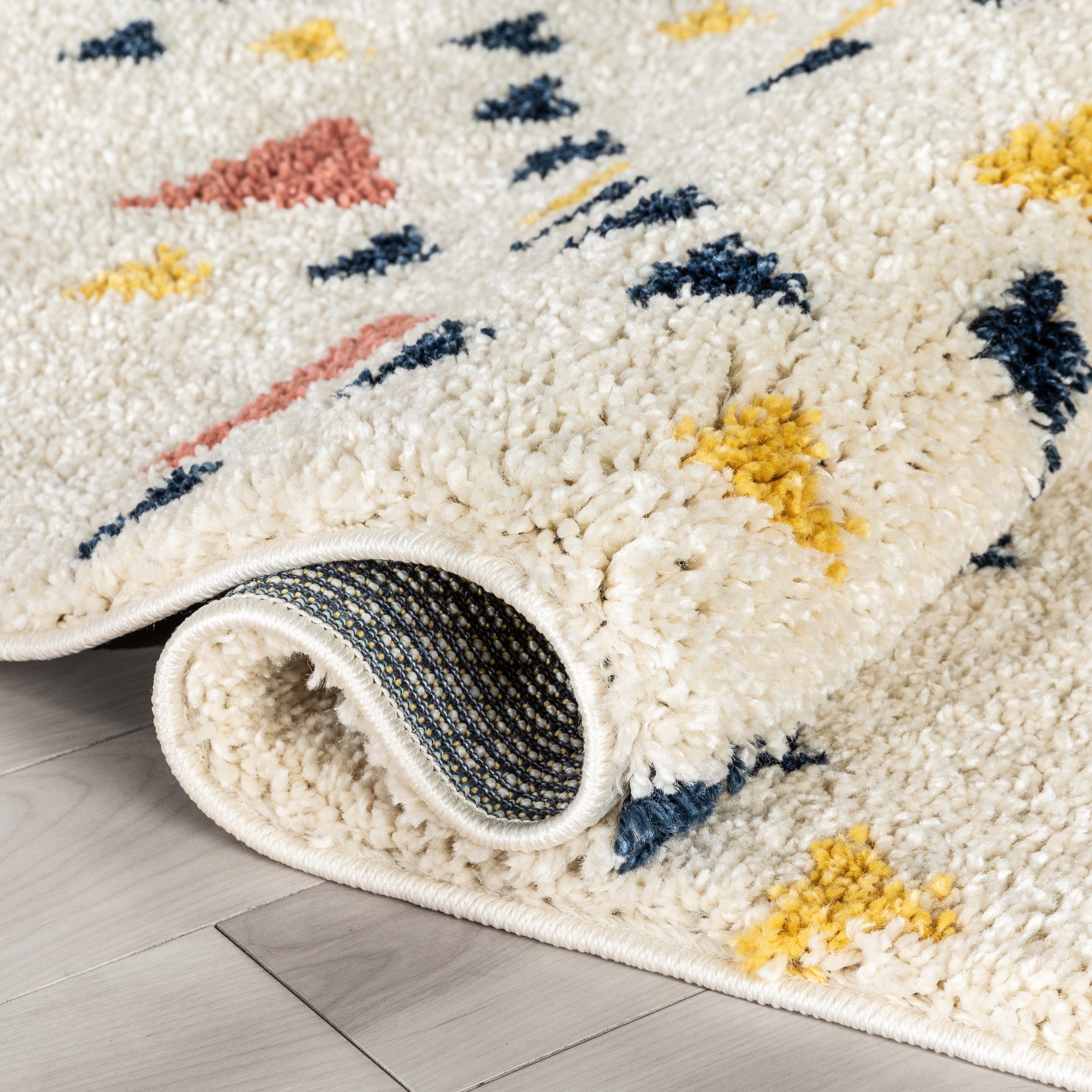 Well Woven Gigi Jax Modern Kids Shag Geometric Ivory Blue Thick 5'3" x 7'3" Area Rug