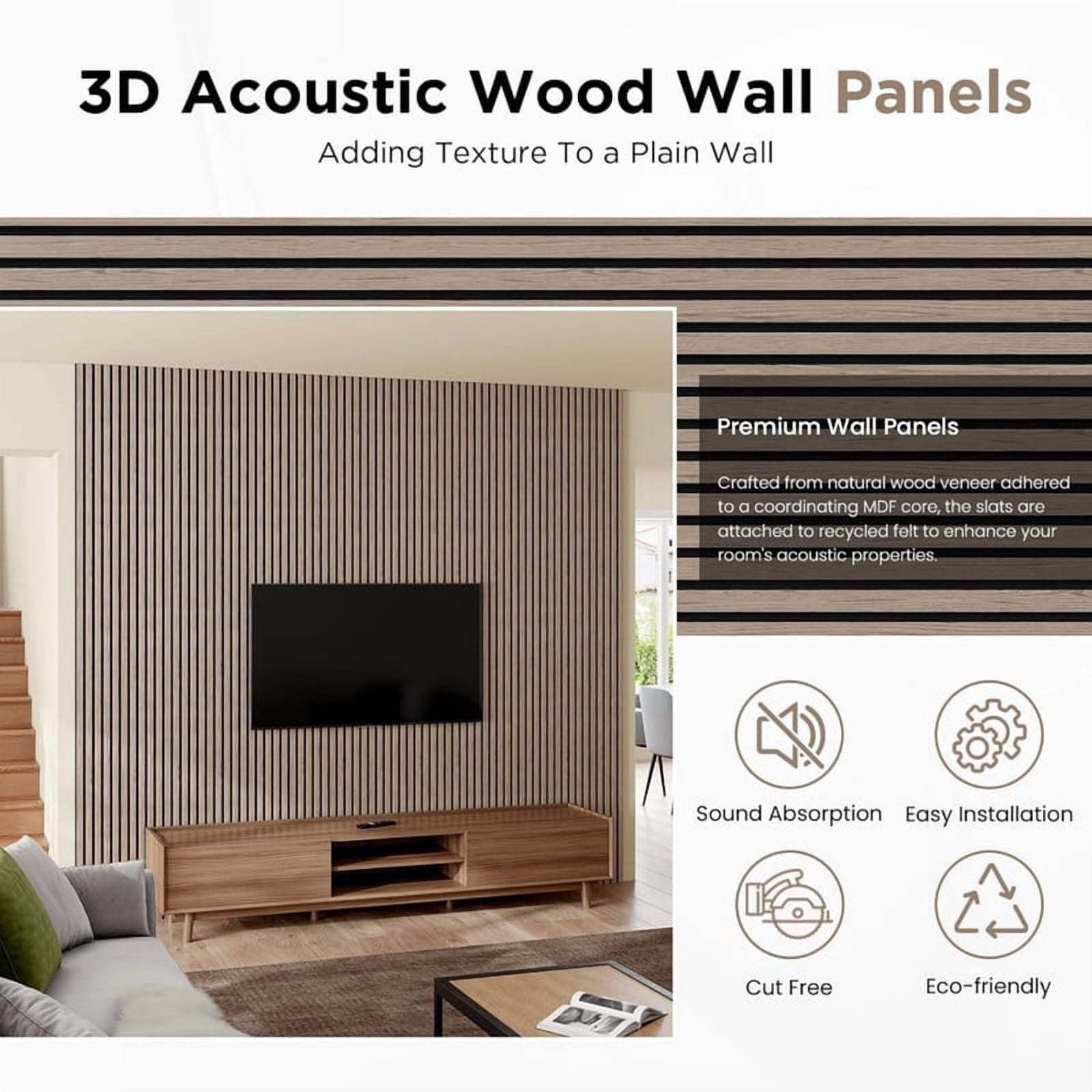 Easy4Home 4Pcs Wood Soundproof Wall Panels 94.5" x 12.6" Wood Slat Acoustic Panels, Walnut