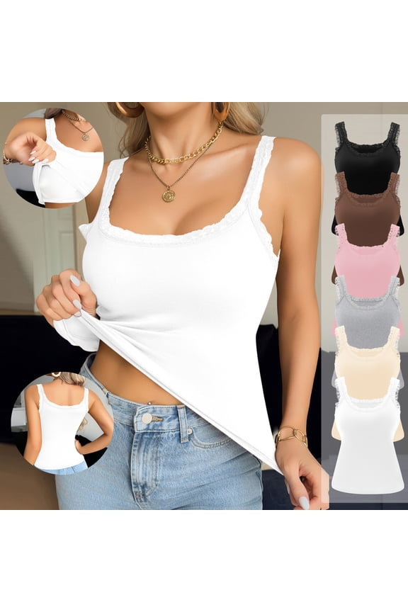 Women's Built-in Bra Tank Top Sleeveless Lace Trim Camisole with Padded Support Soft Stretchy Casual Summer Top