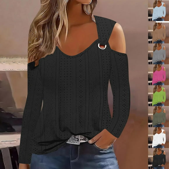 QIPOPIQ T-Shirts à Épaules Dénudées pour Femmes Manches Courtes Col en V T-Shirts Basiques d'Été Liquidation