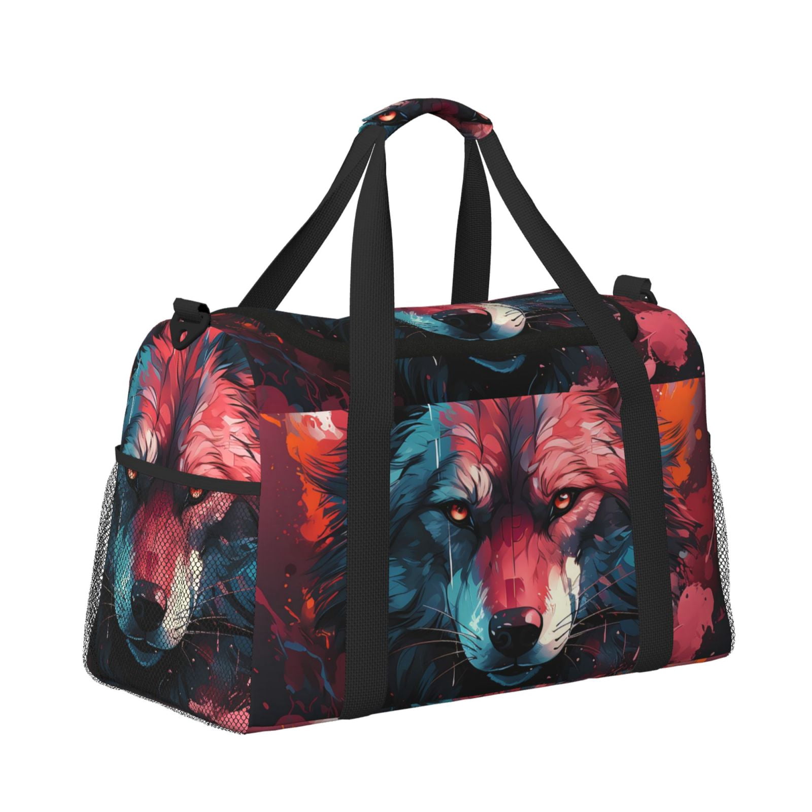 Fuzoiu Red Flame Wolf Head Print Travel Duffle Bag,Carry On Tote Bags,Duffel Bag,Sport Gym Bag, Hospital Bag for Labor and Delivery, Overnight Bag,Luggage Bag