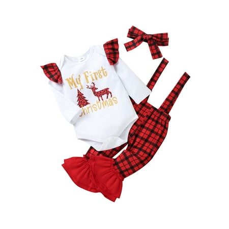 

Qtinghua 3Pcs Newborn Baby Girls Christmas Outfits Long Sleeve Romper Plaid Suspender Pants Headband Outfits Red 3-6 Months