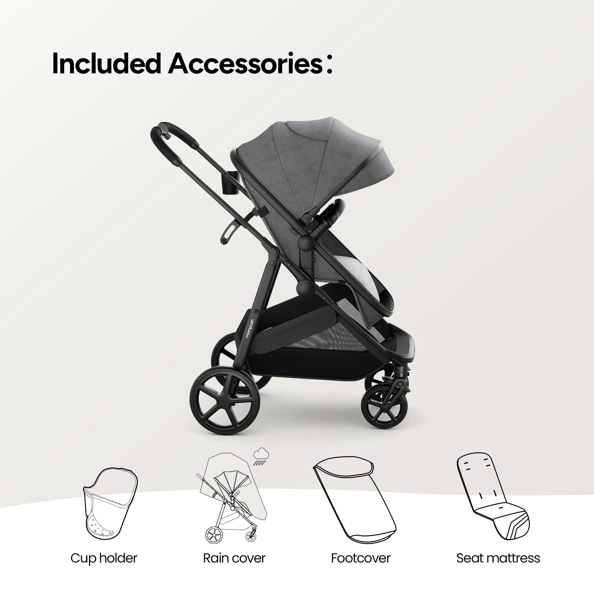 Mompush Wiz 2-in-1 Baby Stroller with Bassinet Mode, Reversible Seat and Large Canopy, Grey, 22.3LB, Unisex
