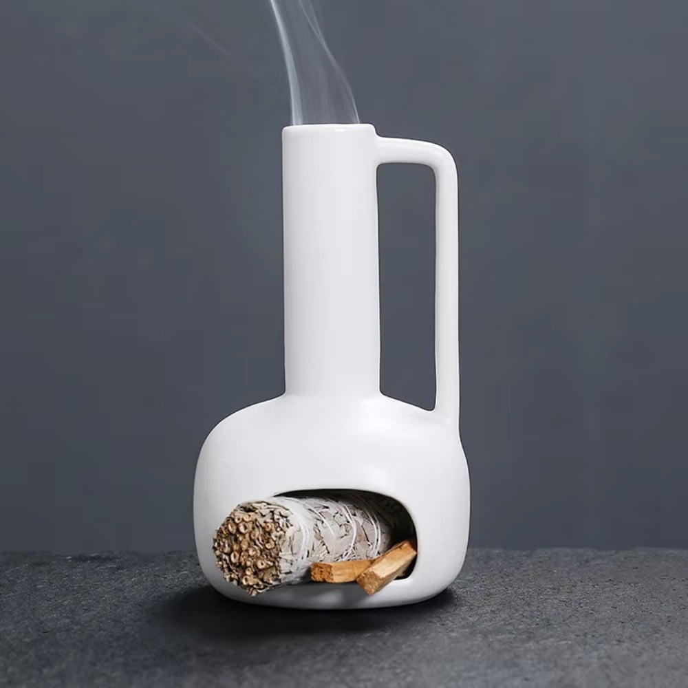 1pc Ceramic Multifunctional Home Decor Palo Santo Holder Sage Burner Incense Burner with Chimney & Handle (Without Incense)