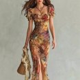 thumbnail image 4 of Womens Multicolor Floral Print Chiffon Maxi Dress, Square Neck Puff Sleeve Bodycon Dress With Side Slit, 4 of 6