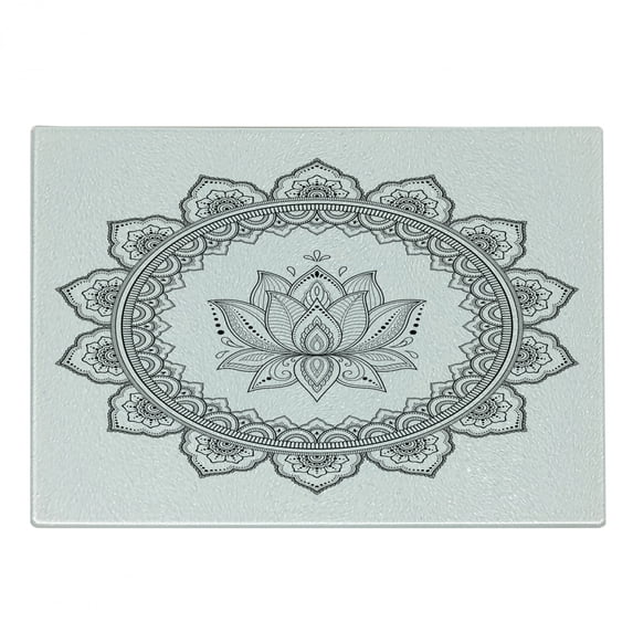 Lotus Flower Cutting Board, Round Concept in the Form of a Mandala with a Flower in the Middle, Decorative Tempered Glass Cutting and Serving Board, in 3 Sizes, by Ambesonne
