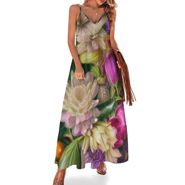 Vestido sin mangas con flores vintage, hojas, bayas botánicas, rosa, naranja, marfil y verde, vestidos de noche para mujer 2024