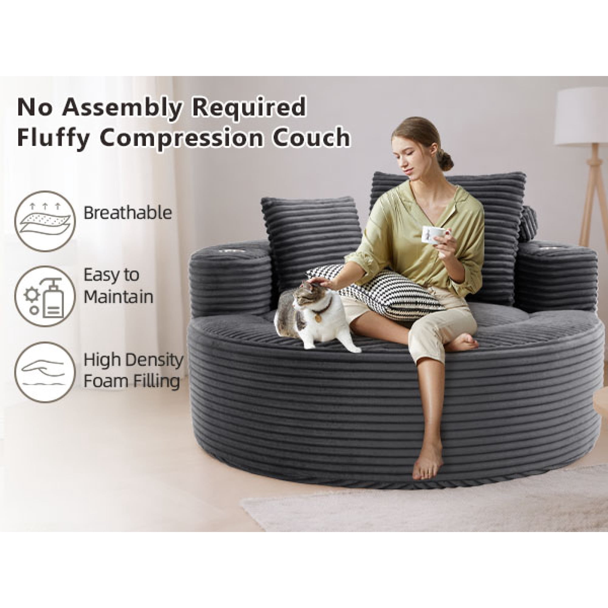 Leumius Oversized Round Chaise Lounge Sofa,Upholstered Lounge Chair with 2 Pillows and Cupholders,Boneless Sofa Couch with Memory Foam,Deep Seat Sleeper Chair for Living Room,No Assembly,Dark Gray