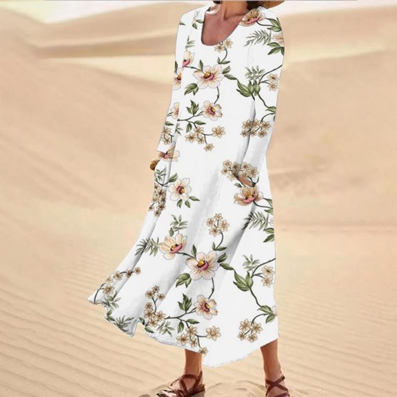 Autumn Long Sleeve Dress for Women O-Neck Printing Linen Dresses Trendy Loose Casual Dress with Pockets