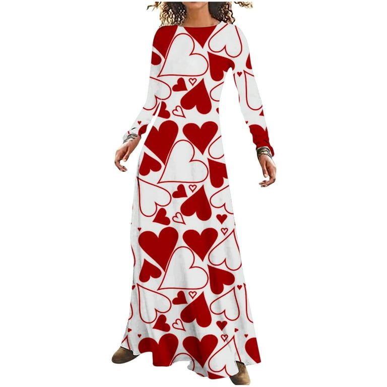 Women's Valentine's Day Dresses Love Heart Print Round Neck Long Sleeve  Dress Casual Loose Fall Spring Maxi Dress Ladies Clothes 