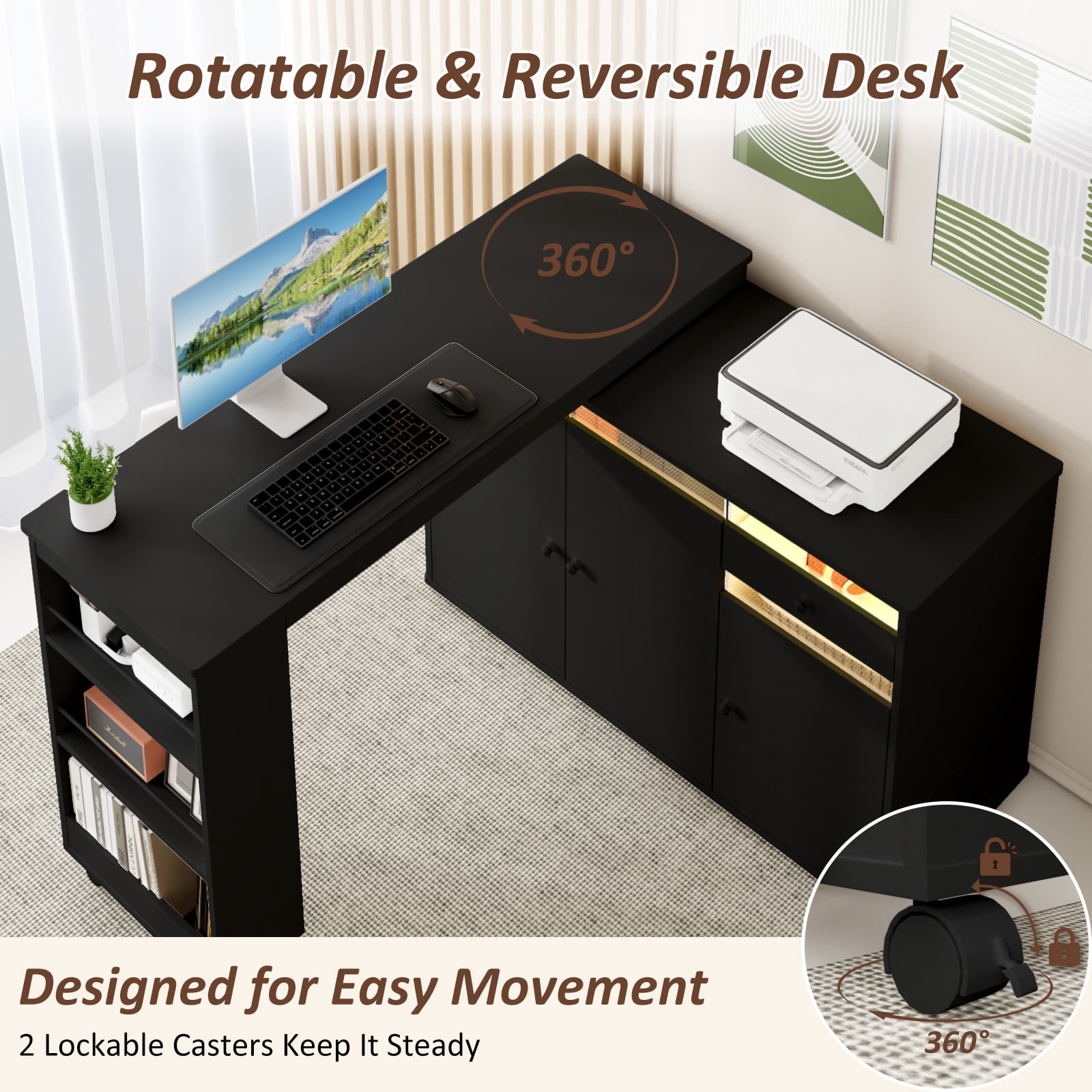 Advwin 53" Rotating L-Shaped Computer Desk with LED Light, Storage Cabinet, Drawer & Shelves, Modern Study Writing Table, Home Office Bedroom Workstation for Small Space, Black