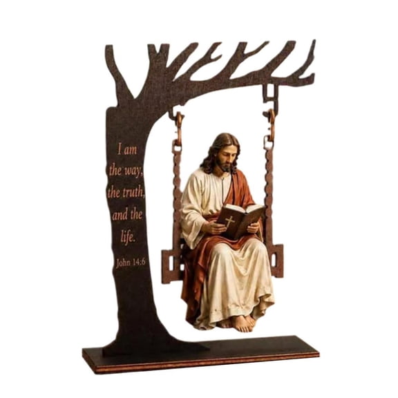 Wooden Religious Desktop Ornament, Jesus Bible Reading Figurine with Inspirational Text for Home Altar Study Room Table Decor