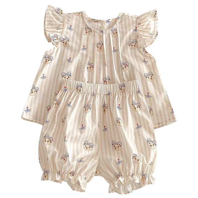 WERYOUNG Tenues d'Été Confortables pour Filles et Garçons, Robe à Manches Volantées Imprimée Dessin Animé, Ensemble Haut et Short, Tenue de Maison Adorable pour Enfants, Beige, 3-4 Ans