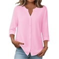 thumbnail image 2 of Button Down Shirts for Women 3/4 Length Sleeve Tops V Neck Blouses Business Casual Outfits Loose Fit Pink L, 2 of 6