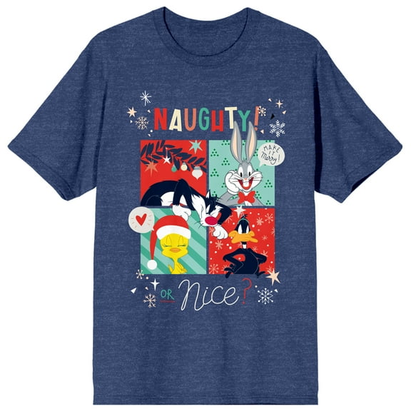 Looney Tunes Characters Naughty or Nice Women's Navy Heather Graphic Tee-Large