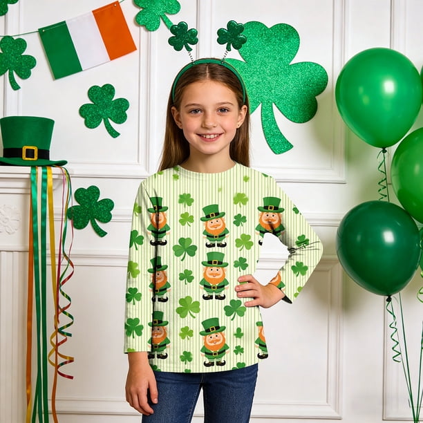 Blusas y camisas de manga larga con cuello redondo, informales, con estampado del Día de San Patricio, de manga tres cuartos y cuello redondo, para niños de talla mediana y grande.