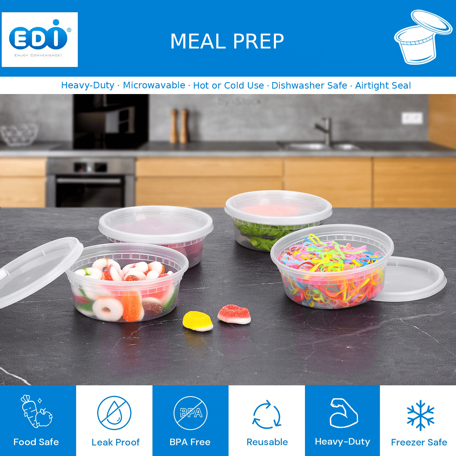 [EDI-Round Deli Containers (12 oz, 50)] Plastic Deli Food Storage  Containers with Airtight Lids | Microwave-, Freezer and Dishwasher-Safe |  BPA Free 