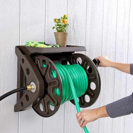 liberty garden reel hose basics mounted shelf foot brown