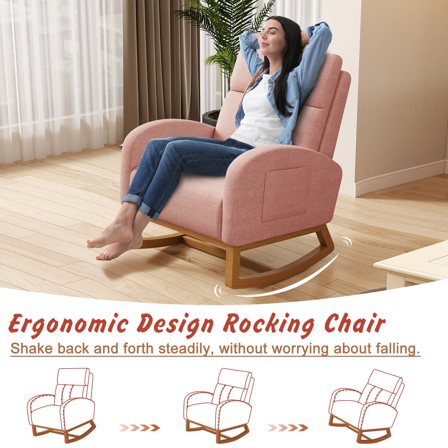 Glider Rocking Chair Nursery Comfy Accent Chair with High Backrest Upholstered Living Room Chairs with Side Pocket Armchair Reading Chair for Bedroom Nursery Office,Pink