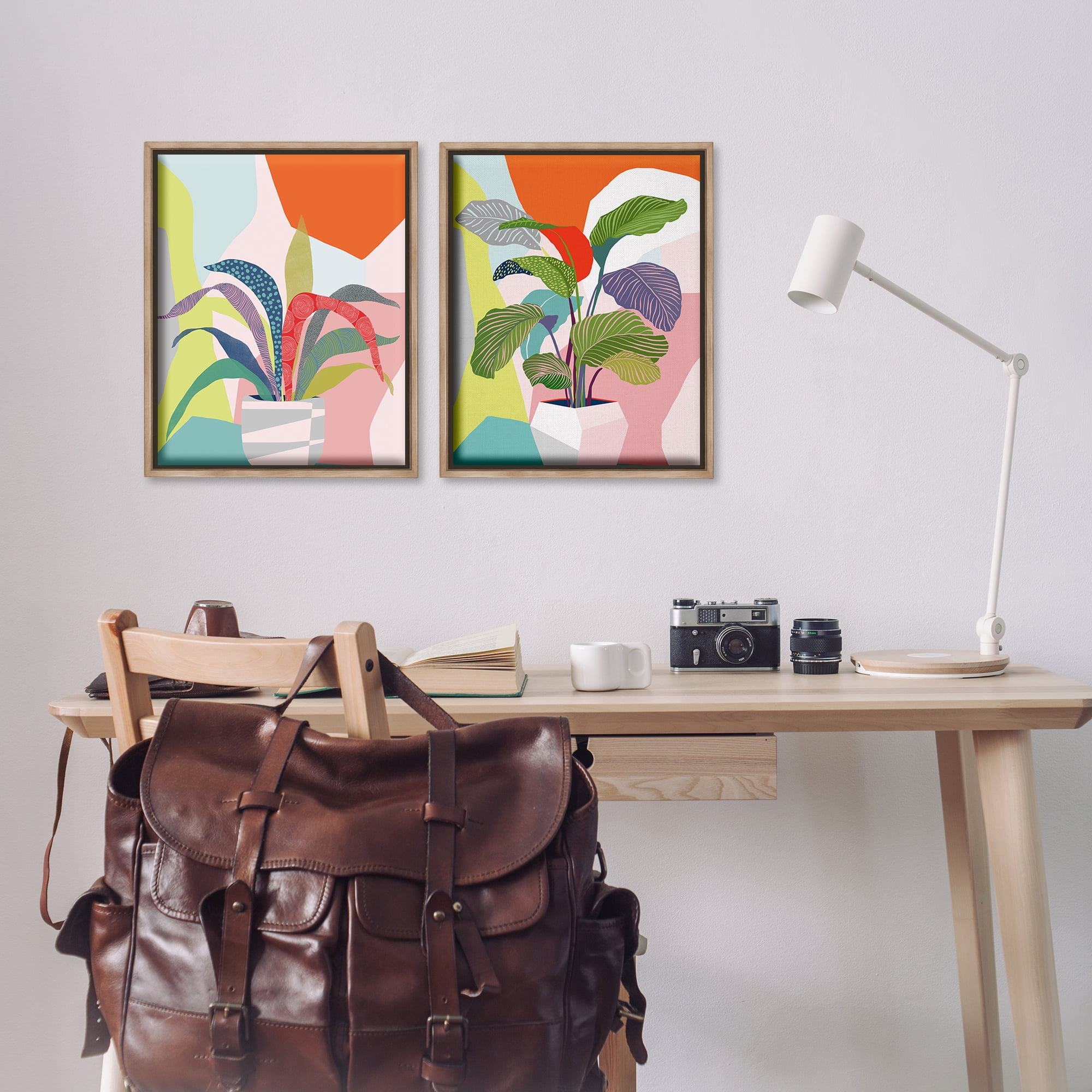 Stupell Industries Lively Patterned Plant Leaves Floral & Botanical Painting Brown Floater Framed Canvas Art Print Wall Art, 17 x 21, Set of 2
