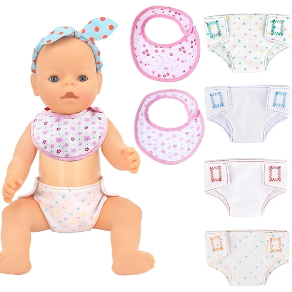 4 Pcs Baby Doll Diapers Underwear and 2 Pcs Doll Bibs for 14-18 Inch, Reusable Doll Diapers Set, Baby Doll Accessories Suitable for Infant Dolls Baby Girls Boys
